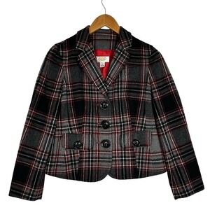 Talbots Petites Wool Blend Plaid Blazer Women Red Gray Cropped Jacket Lined